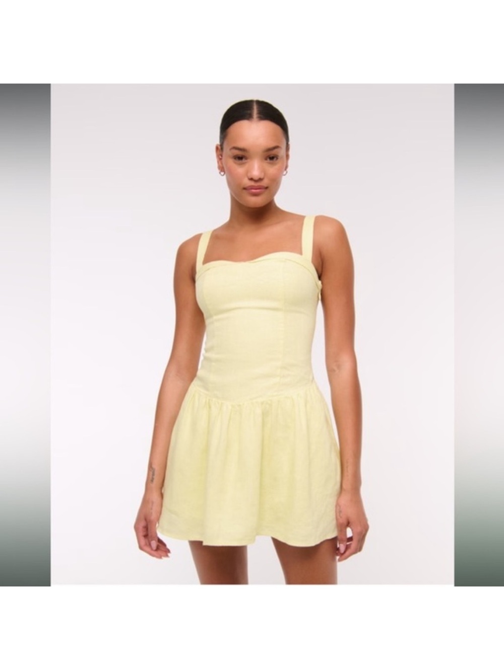 Abercrombie & Fitch premium linen drop-waist mini dress / romper butter yellow